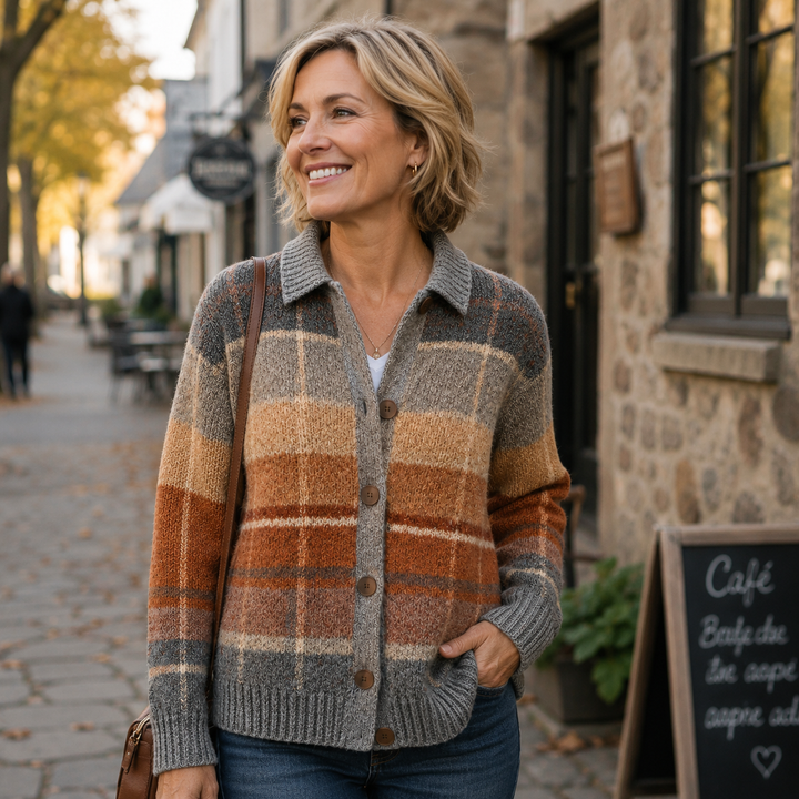Women's multicolor checked knit cardigan with shirt collar, buttons and front pockets
