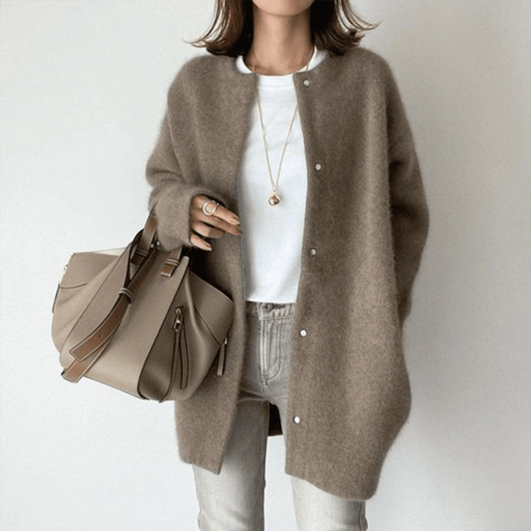 Women's long button front cardigan with round neck and long sleeves