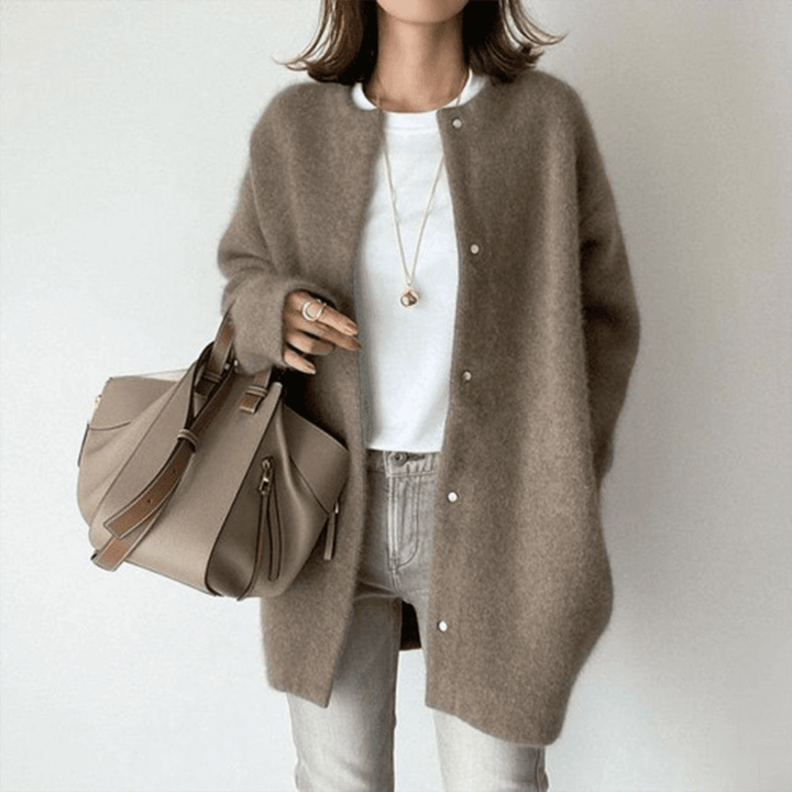 Women's long button front cardigan with round neck and long sleeves