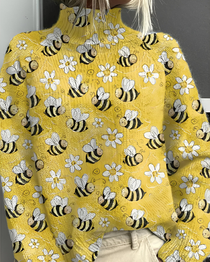 Women's long-sleeve roll neck jumper with an all-over floral and botanical graphic