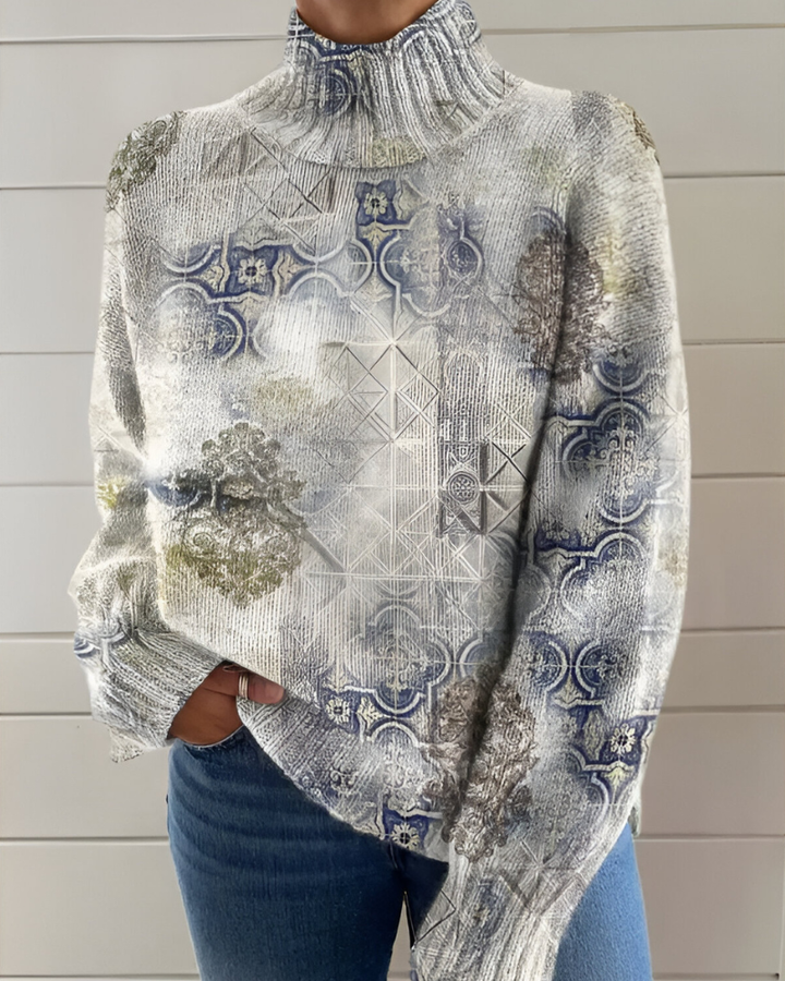 Women's long-sleeve roll neck jumper with an all-over floral and botanical graphic