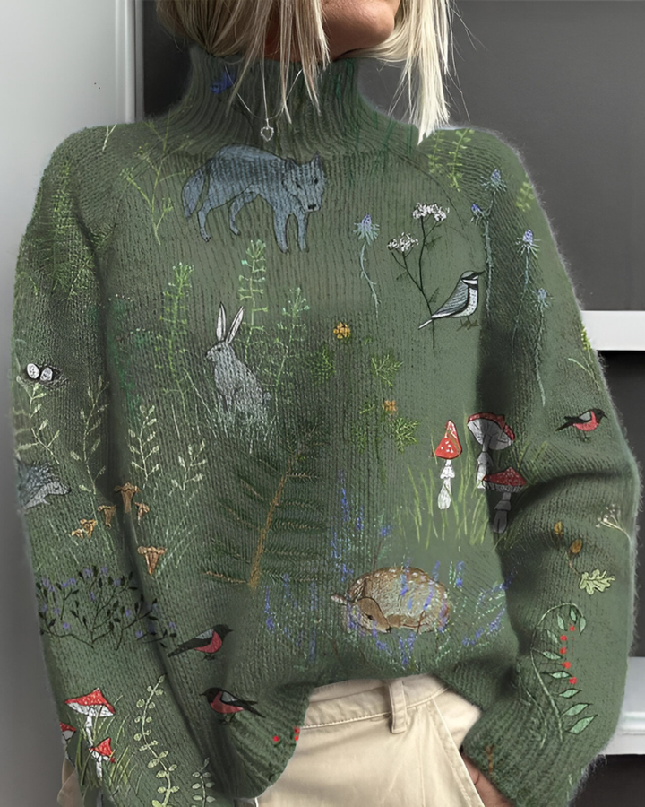 Women's long-sleeve roll neck jumper with an all-over floral and botanical graphic