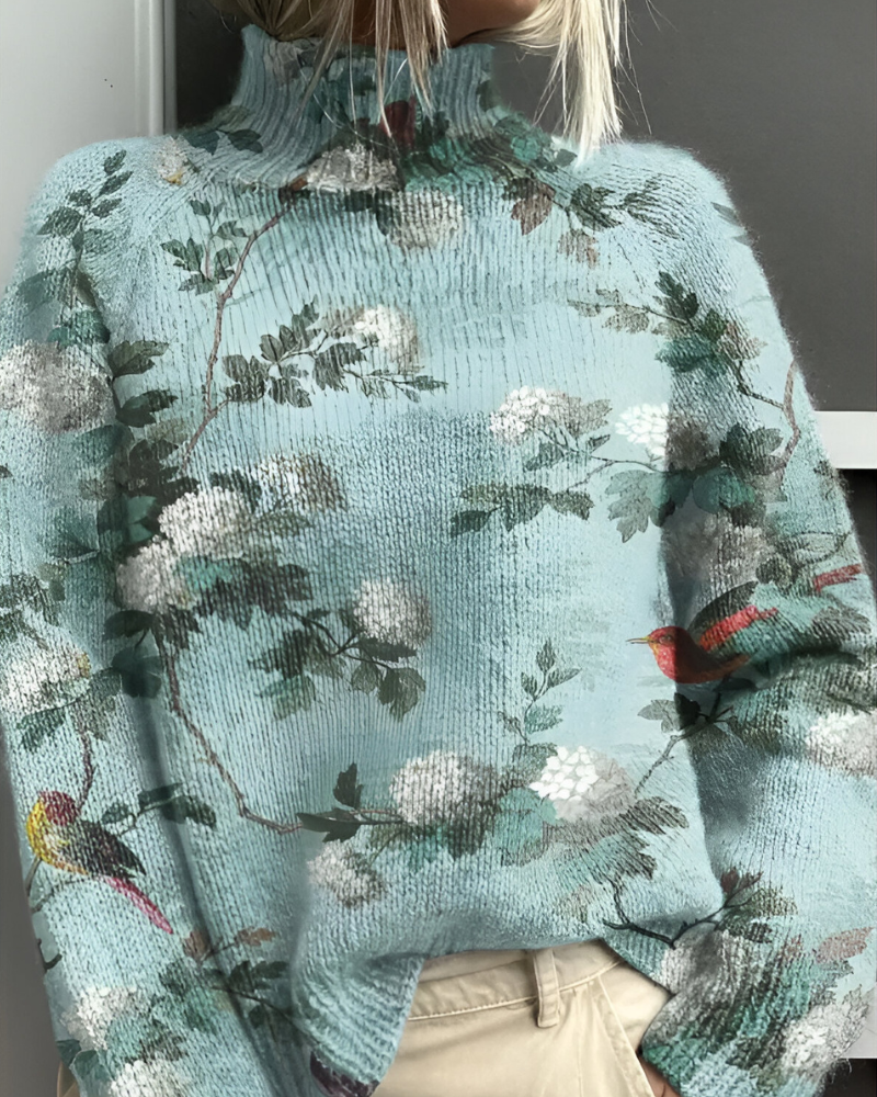 Women's long-sleeve roll neck jumper with an all-over floral and botanical graphic