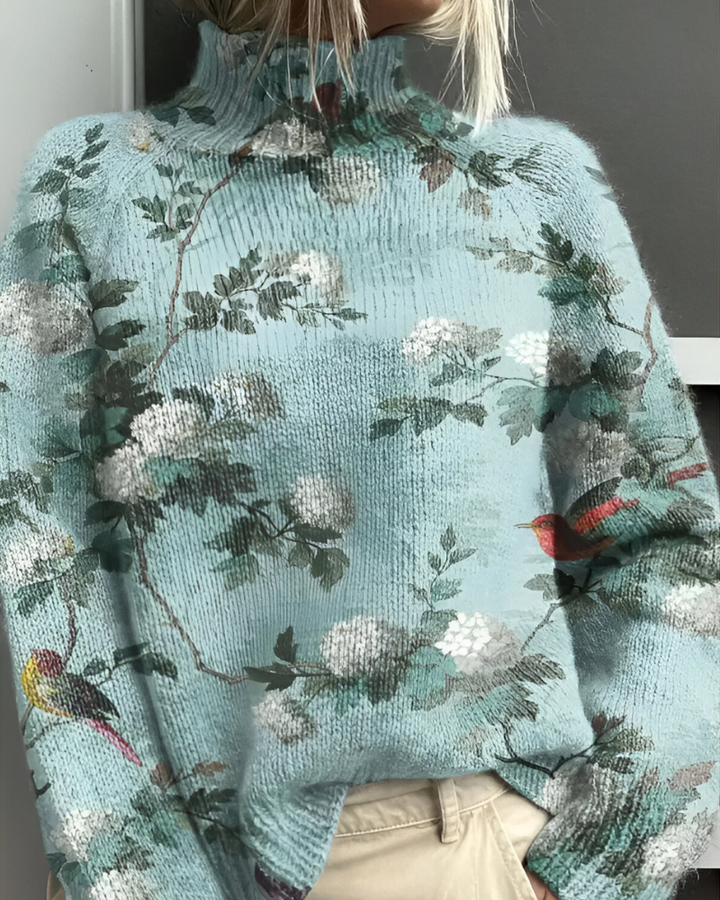 Women's long-sleeve roll neck jumper with an all-over floral and botanical graphic