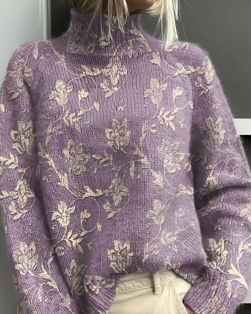 Women's long-sleeve roll neck jumper with an all-over floral and botanical graphic