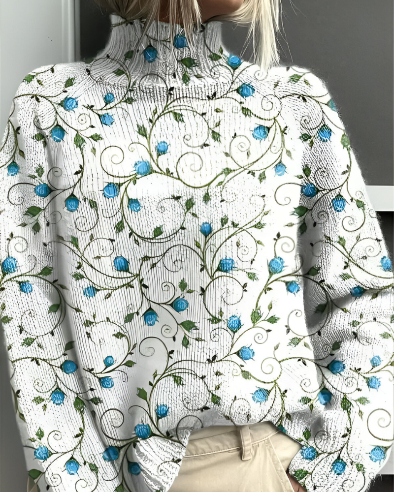 Women's long-sleeve roll neck jumper with an all-over floral and botanical graphic