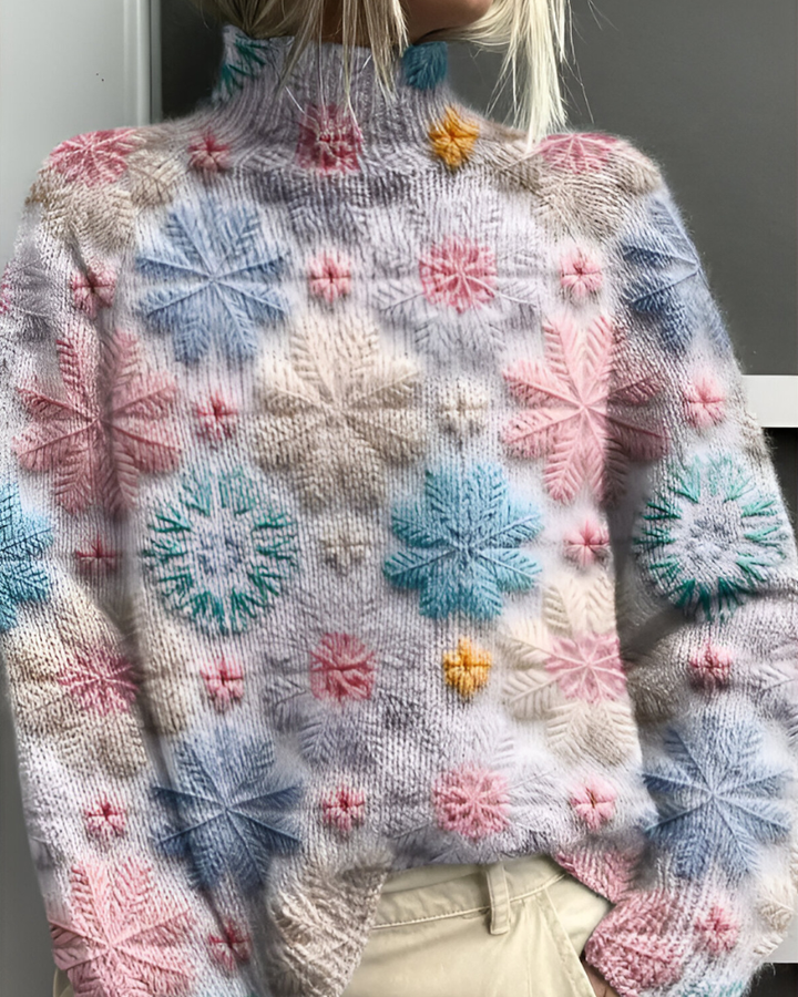 Women's long-sleeve roll neck jumper with an all-over floral and botanical graphic