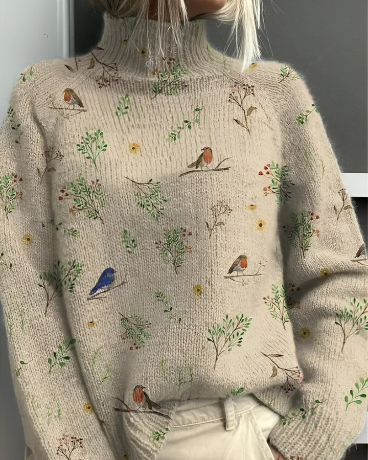 Women's long-sleeve roll neck jumper with an all-over floral and botanical graphic