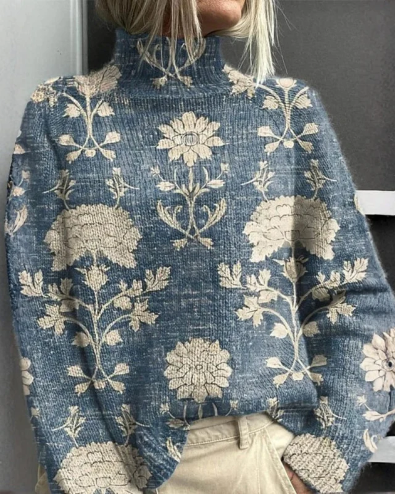 Women's long-sleeve roll neck jumper with an all-over floral and botanical graphic