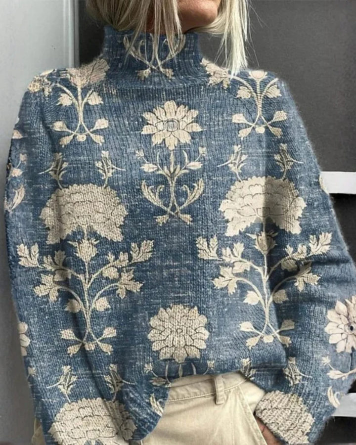 Women's long-sleeve roll neck jumper with an all-over floral and botanical graphic