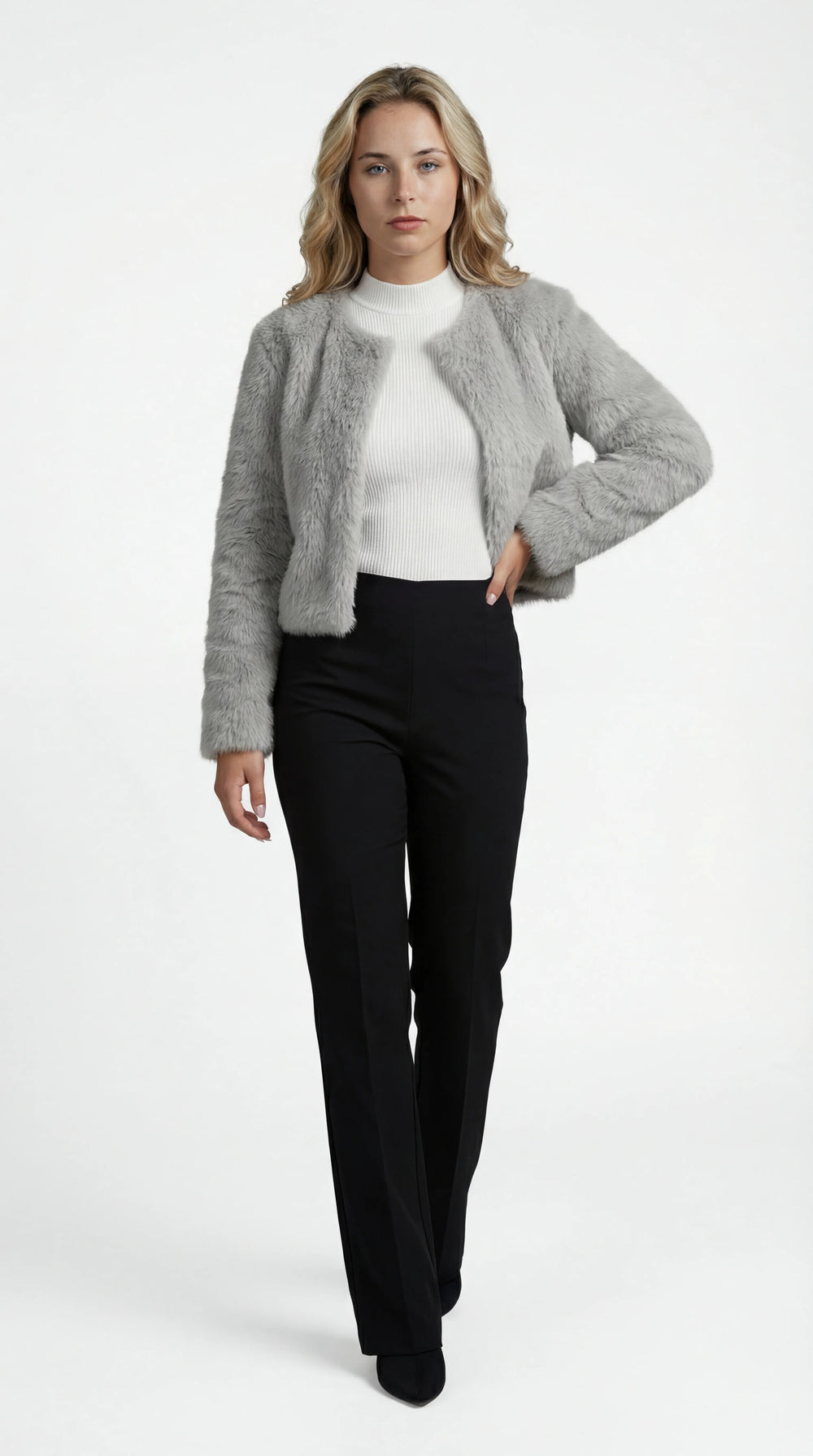 Women's cropped faux fur jacket with round neckline and long sleeves