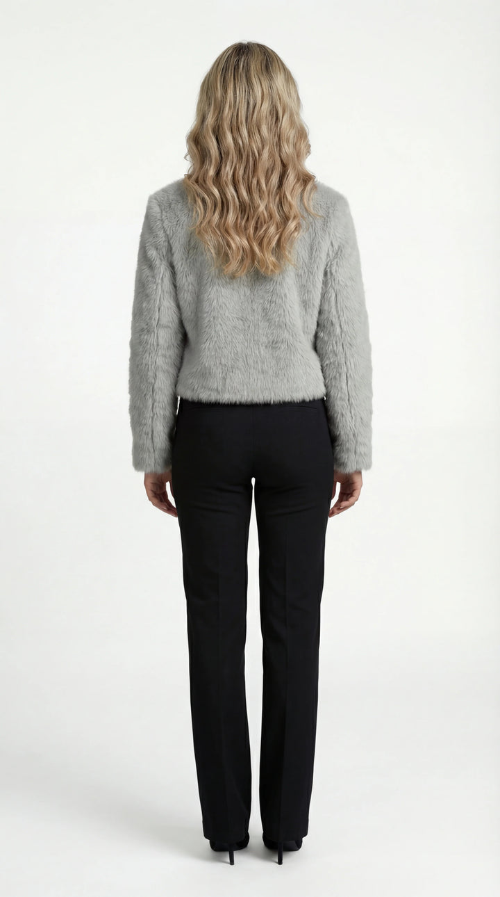 Women's cropped faux fur jacket with round neckline and long sleeves