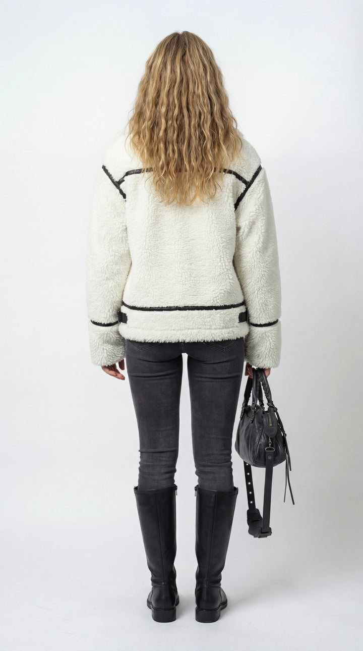 Women's white textured jacket with black trim and front zipper