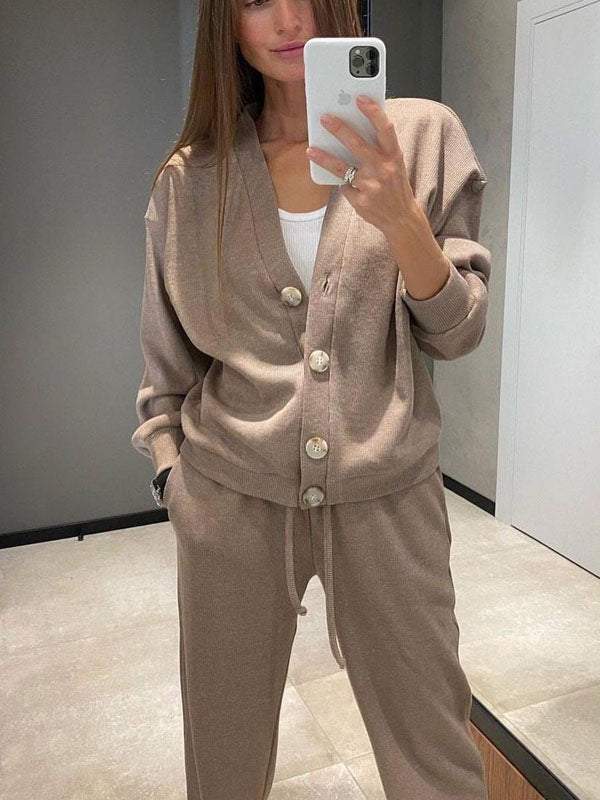 Women's knit cardigan and relaxed trousers set with button front and drawstring waist