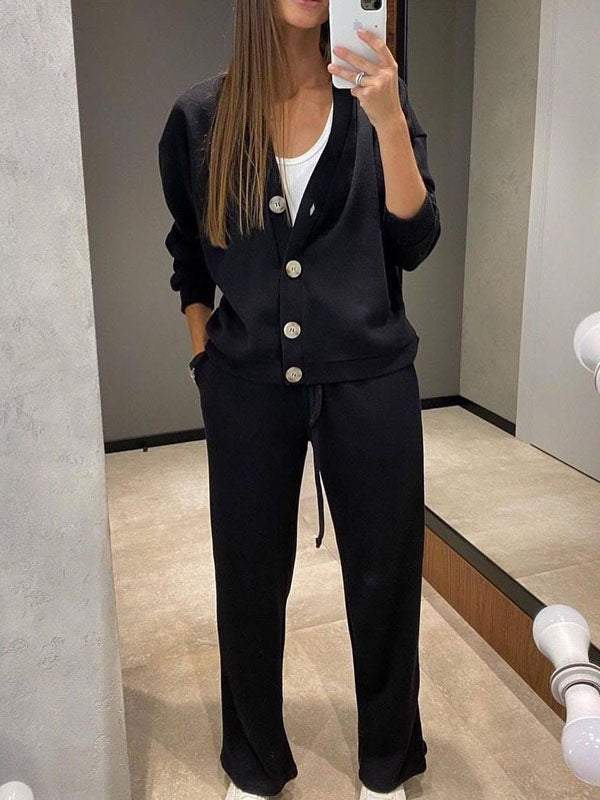 Women's knit cardigan and relaxed trousers set with button front and drawstring waist