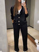 Women's knit cardigan and relaxed trousers set with button front and drawstring waist