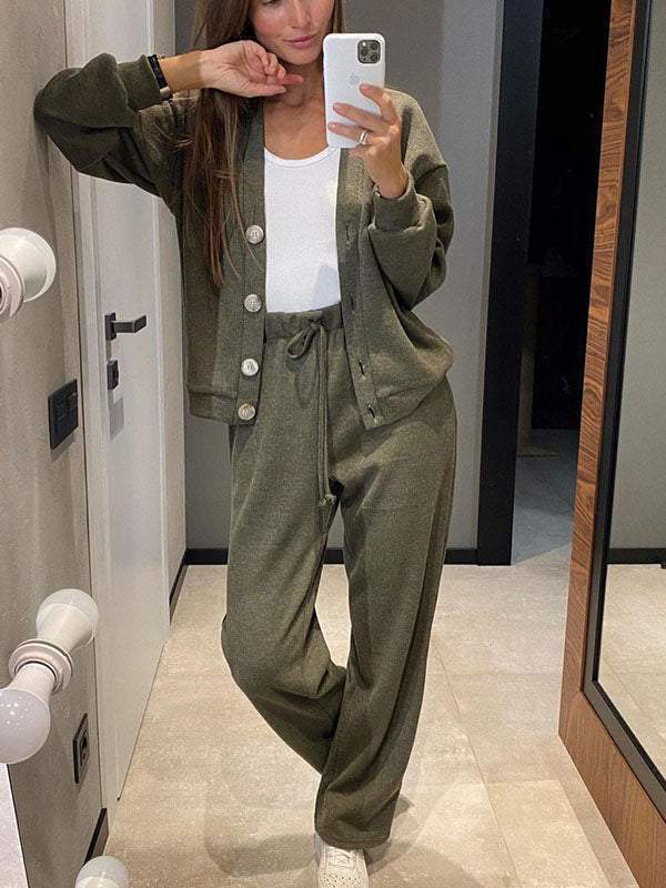 Women's knit cardigan and relaxed trousers set with button front and drawstring waist