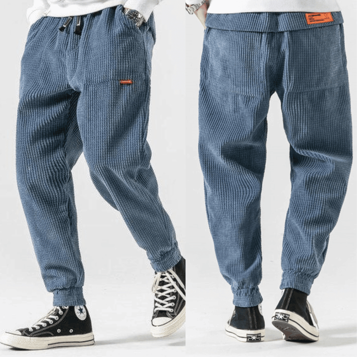 Men's corduroy jogger trousers with drawstring waist and elasticated cuffs