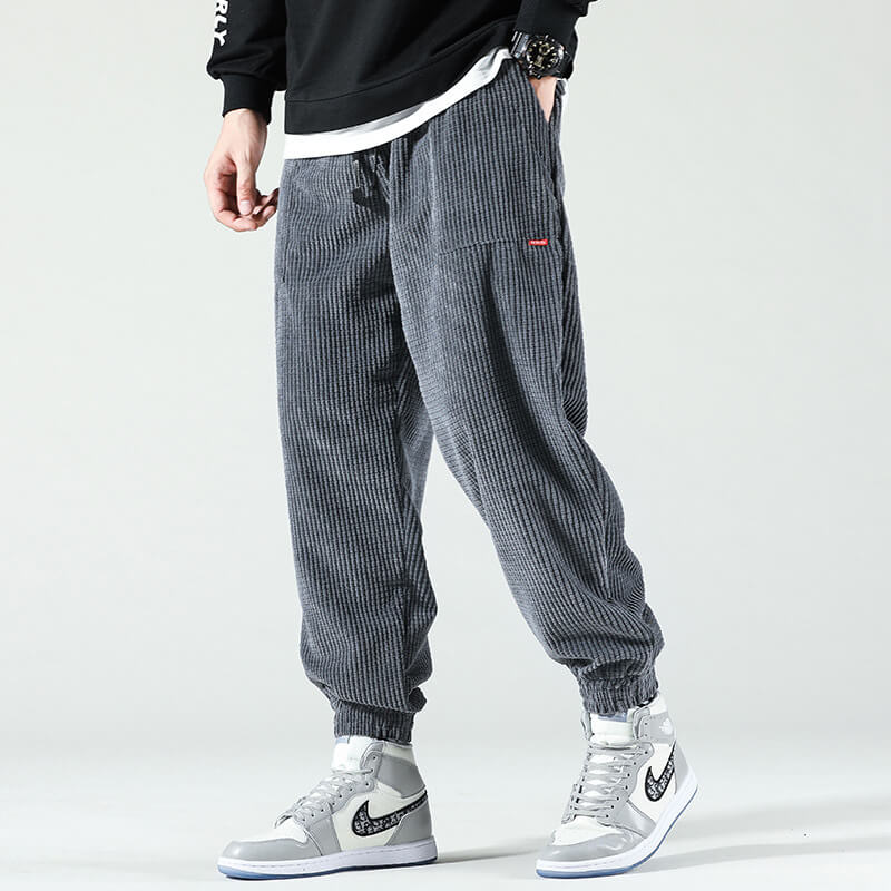 Men's corduroy jogger trousers with drawstring waist and elasticated cuffs