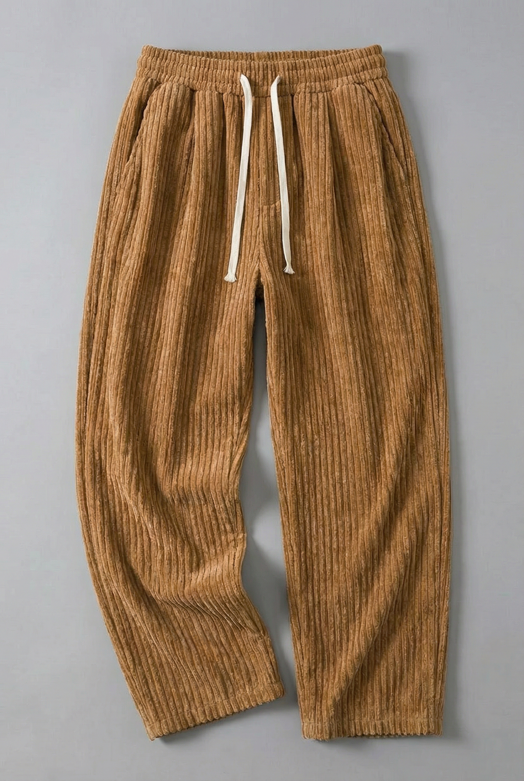 Men's wide-leg corduroy trousers with drawstring waist and gathered hems