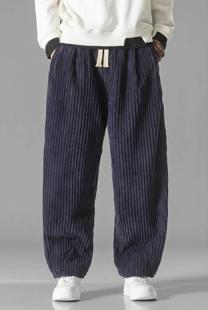 Men's wide-leg corduroy trousers with drawstring waist and gathered hems