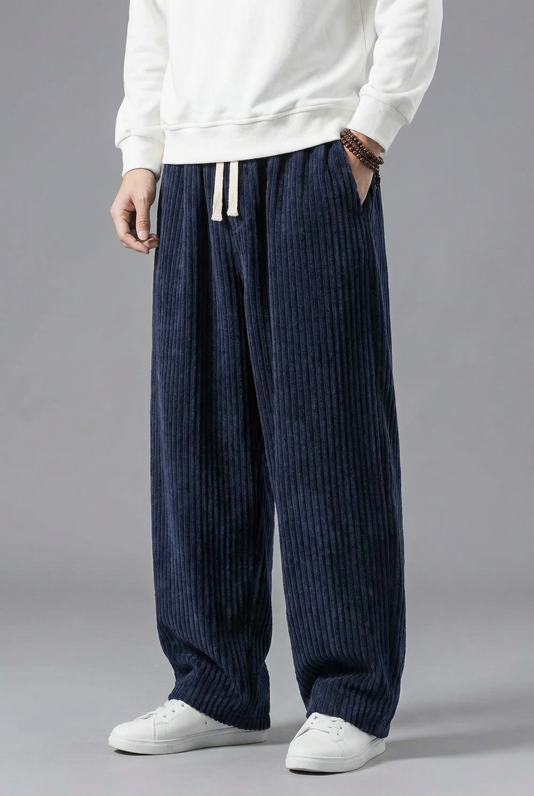 Men's wide-leg corduroy trousers with drawstring waist and gathered hems