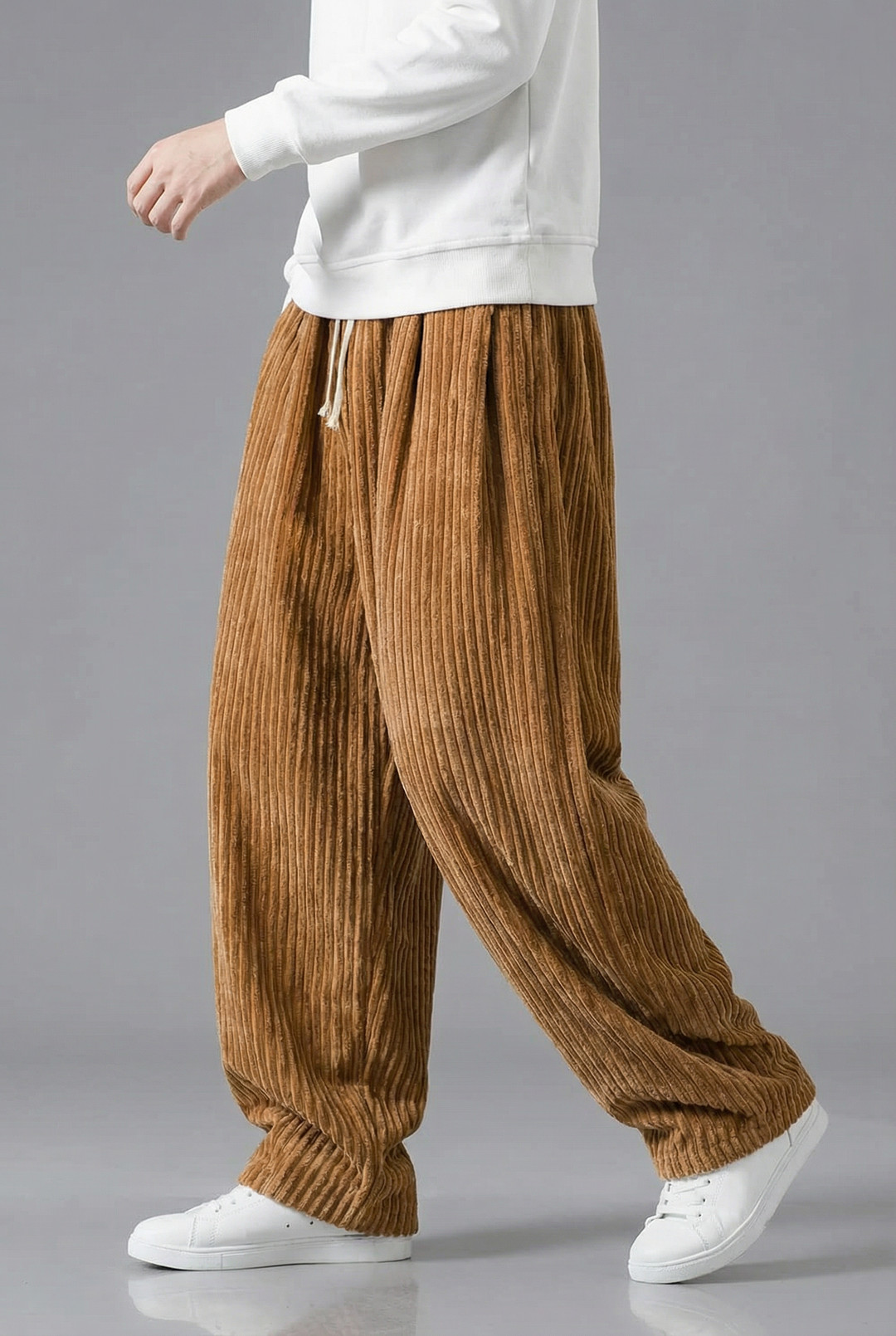 Men's wide-leg corduroy trousers with drawstring waist and gathered hems