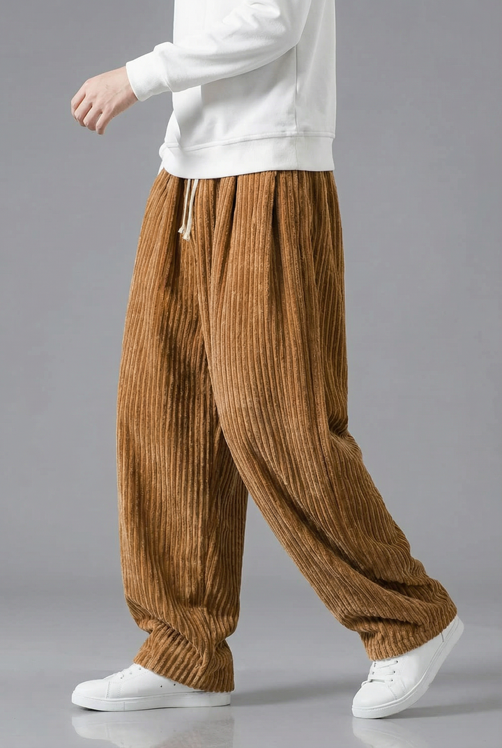 Men's wide-leg corduroy trousers with drawstring waist and gathered hems