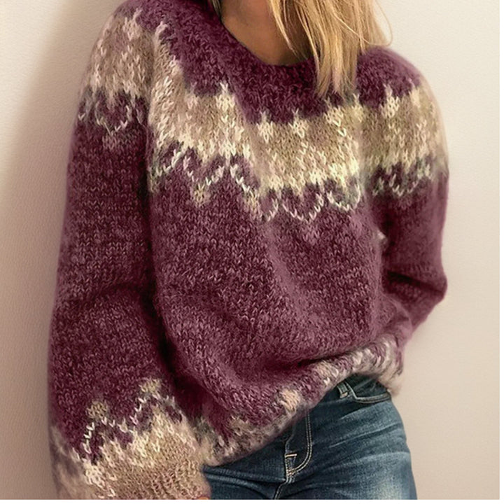 Women's Fair Isle knit sweater with patterned yoke, crew neckline and long sleeves