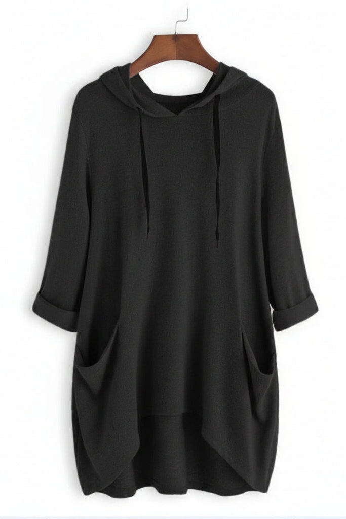 Women's longline hooded tunic hoodie with three-quarter sleeves and side pockets