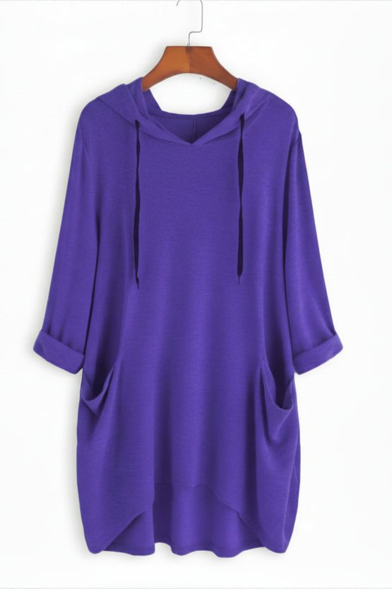 Women's longline hooded tunic hoodie with three-quarter sleeves and side pockets