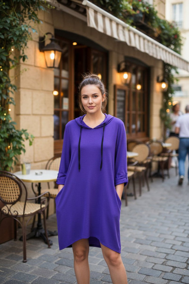 Women's longline hooded tunic hoodie with three-quarter sleeves and side pockets