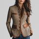 Women's brown tweed jacket with stand collar, buttons and contrast pockets