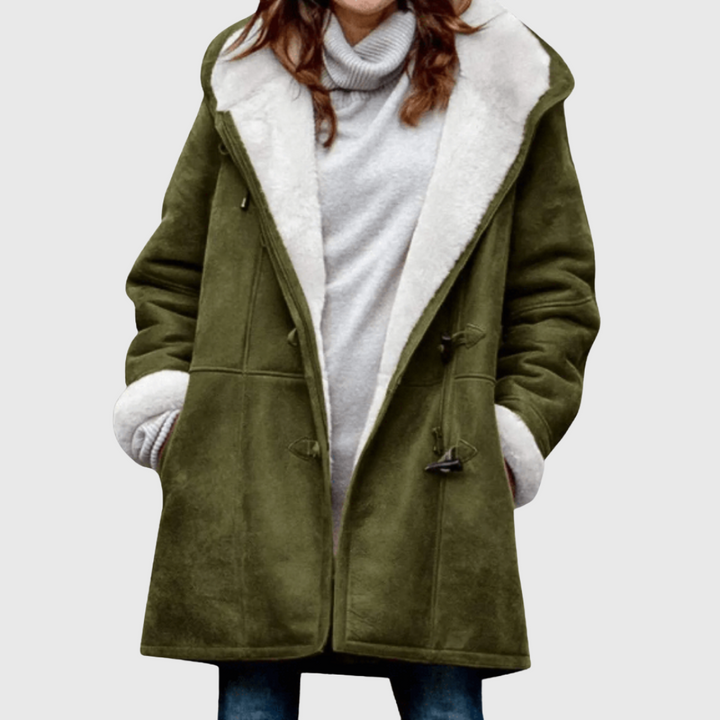 Women's hooded jacket with contrasting lining and toggle front