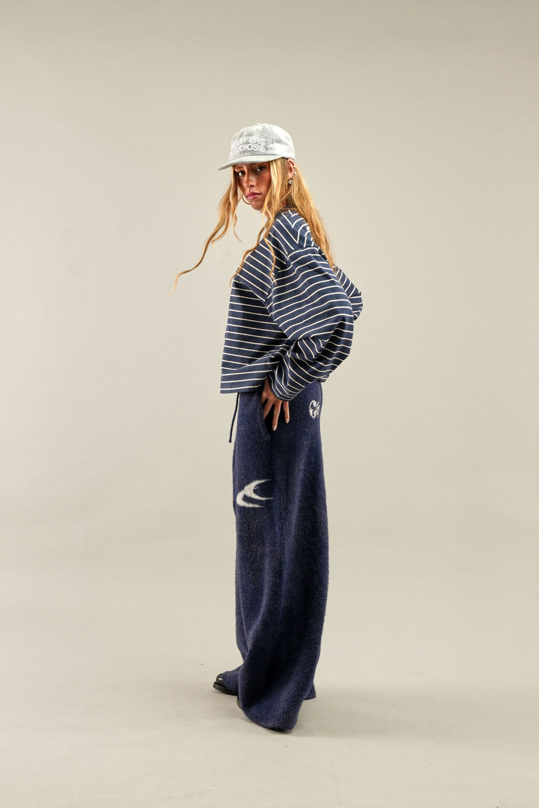 Navy striped long sleeve jumper with crew neck and loose fit