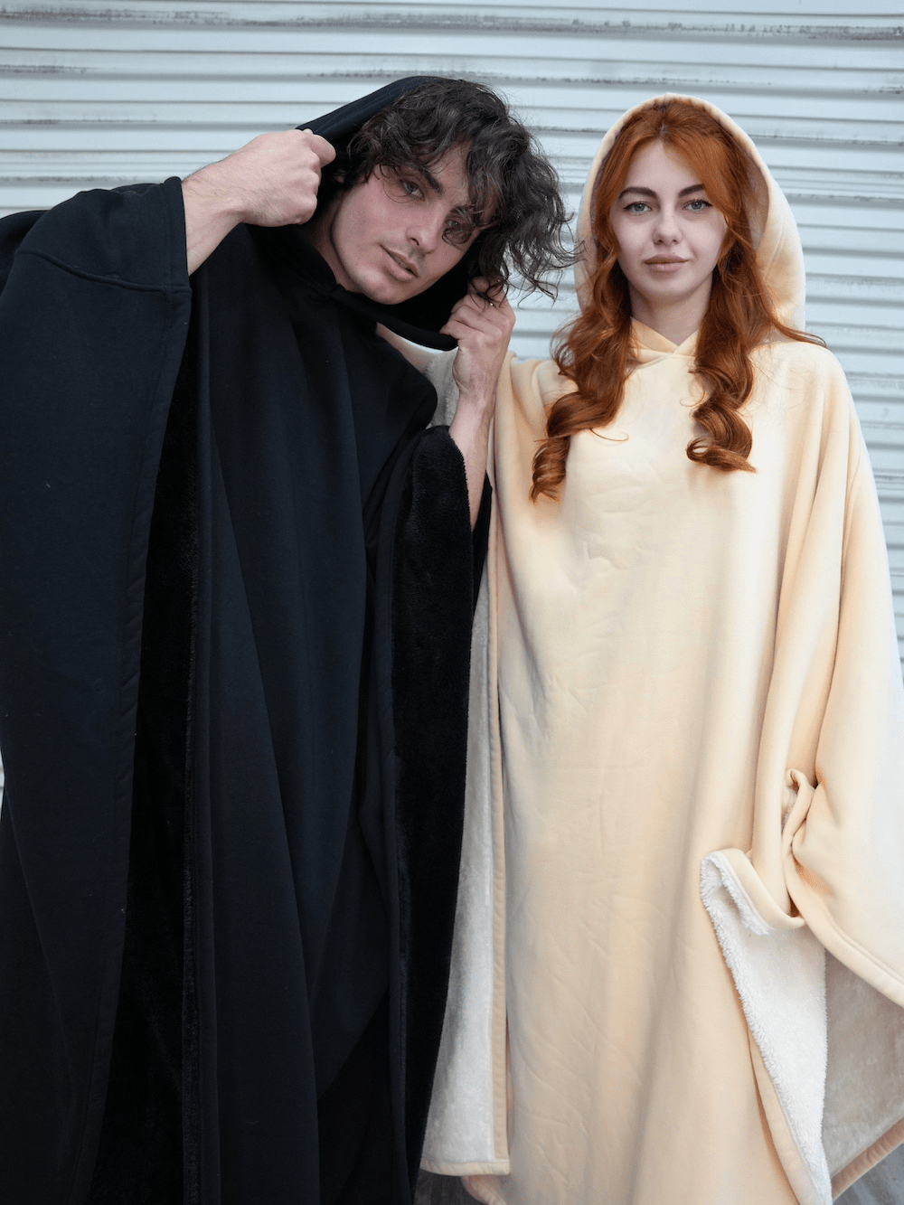 Hooded fleece poncho with oversized cut and plush-looking lining