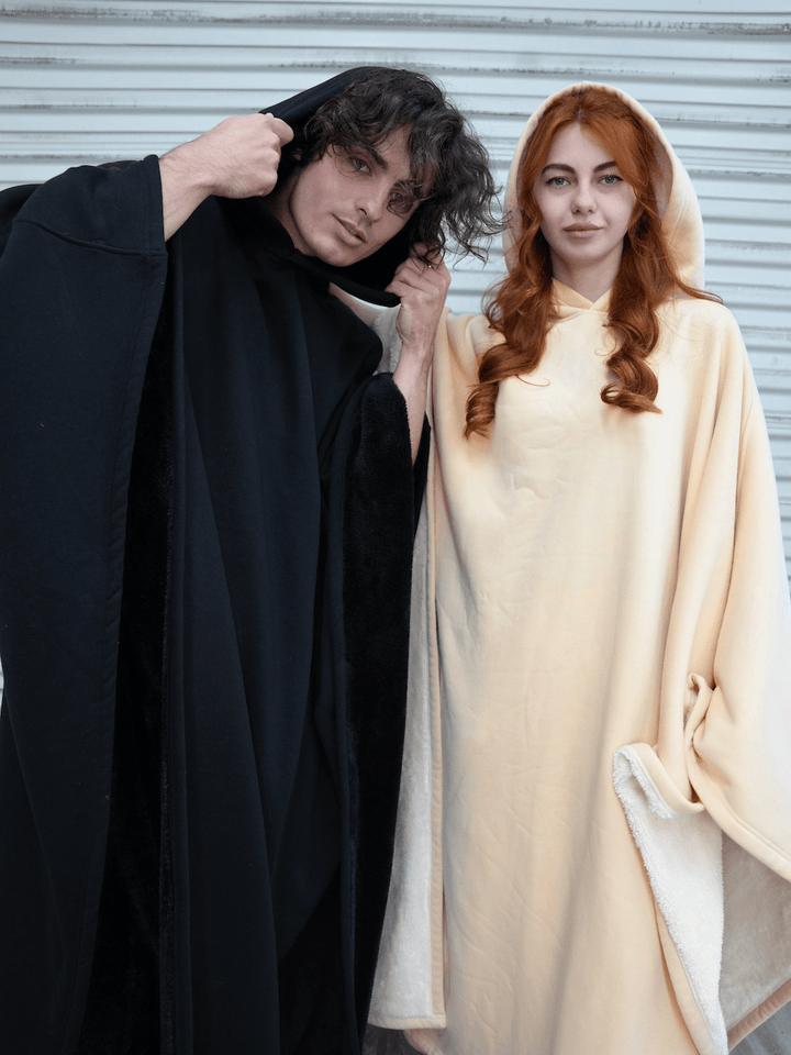 Hooded fleece poncho with oversized cut and plush-looking lining