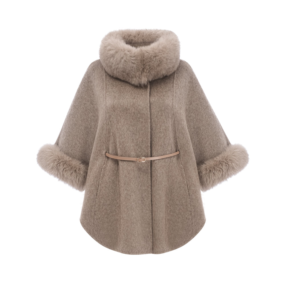 Women's brown cape coat with fur collar, cuffs and belted waist