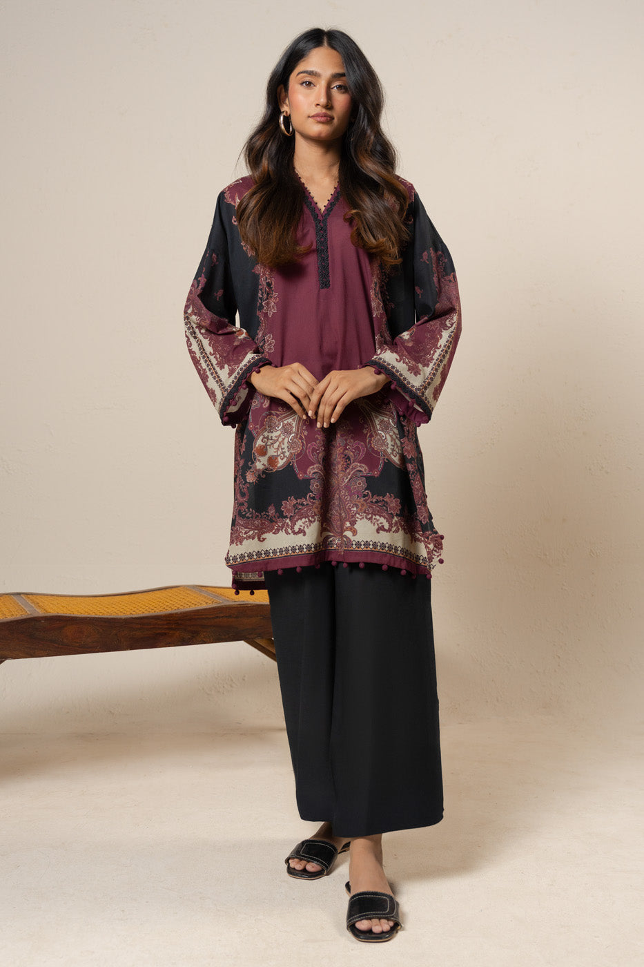 Women's burgundy and black paisley shirt and wide-leg trouser set