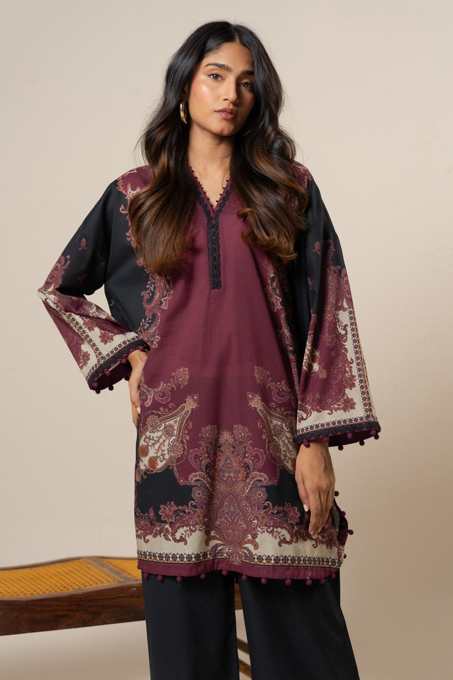 Women's burgundy and black paisley shirt and wide-leg trouser set