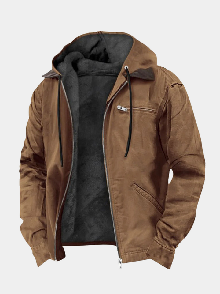 Men's hooded zip-front jacket with long sleeves and multiple pockets
