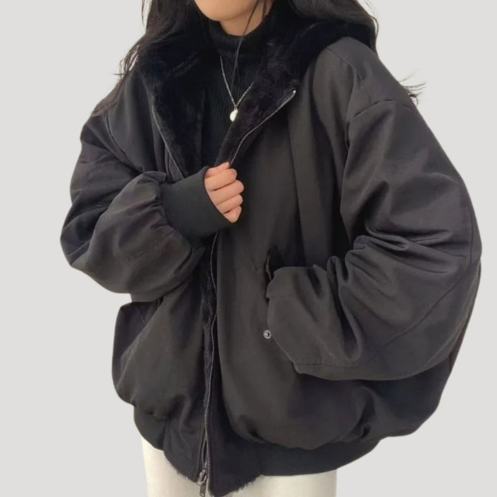 Women's padded high-collar winter jacket with zip front and flap pockets