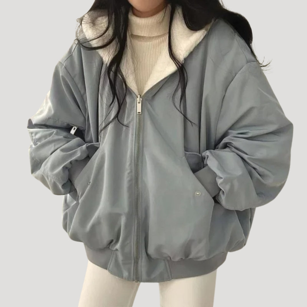 Women's padded high-collar winter jacket with zip front and flap pockets