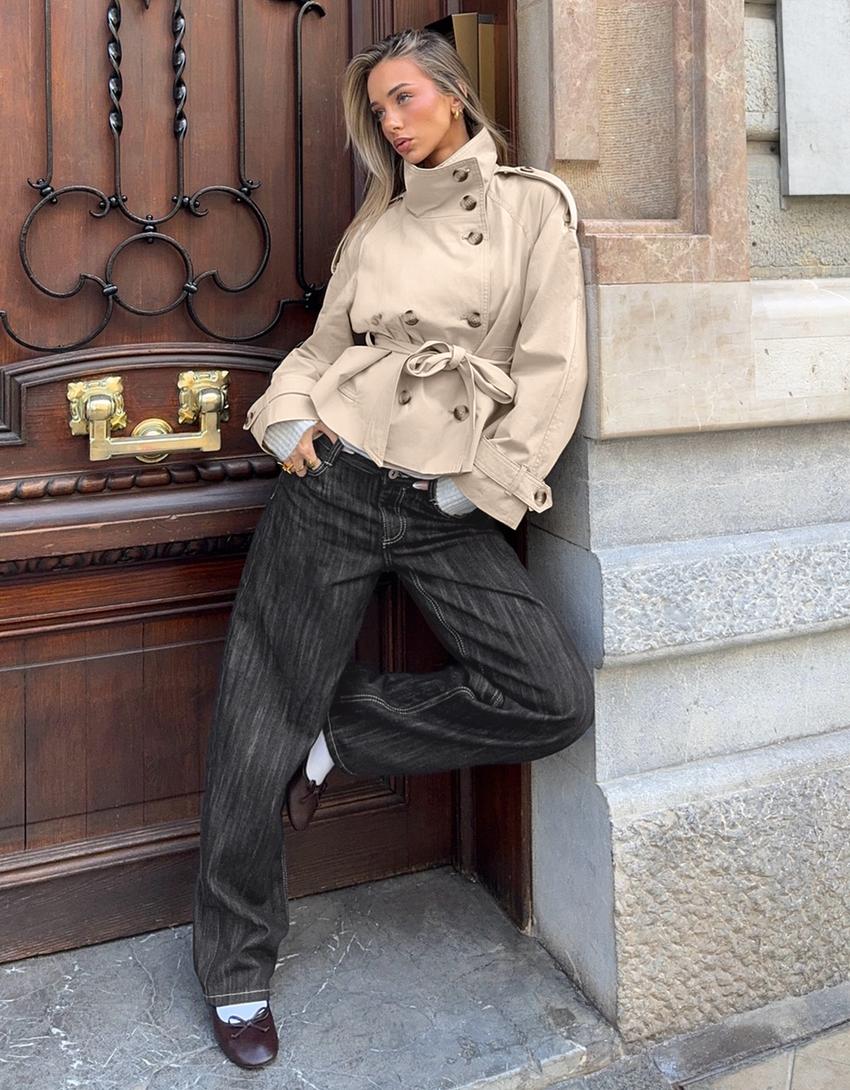 Women's belted double-breasted trench coat with high collar and long sleeves