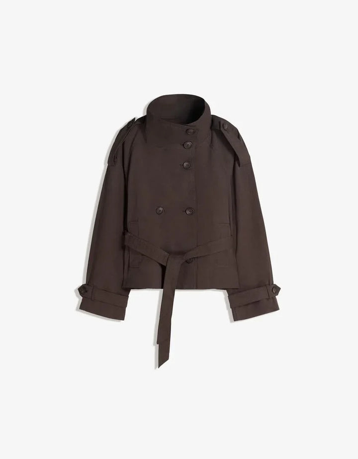Women's belted double-breasted trench coat with high collar and long sleeves