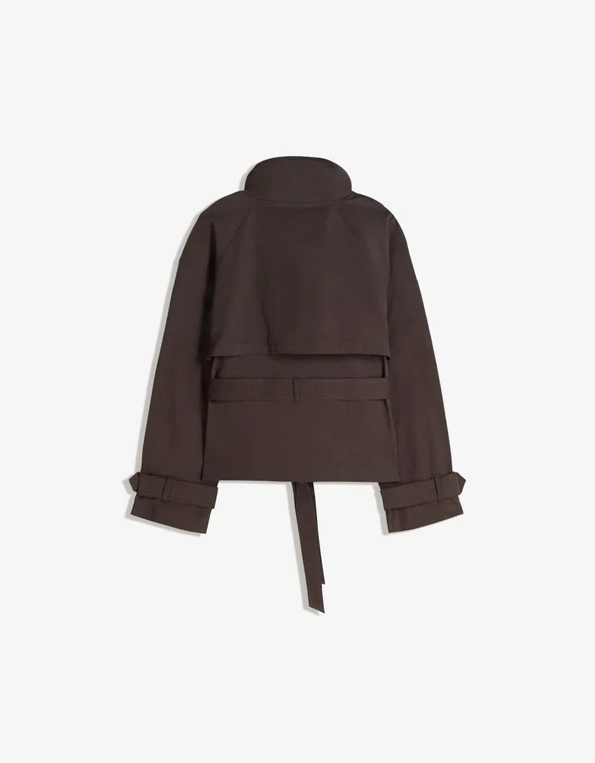 Women's belted double-breasted trench coat with high collar and long sleeves