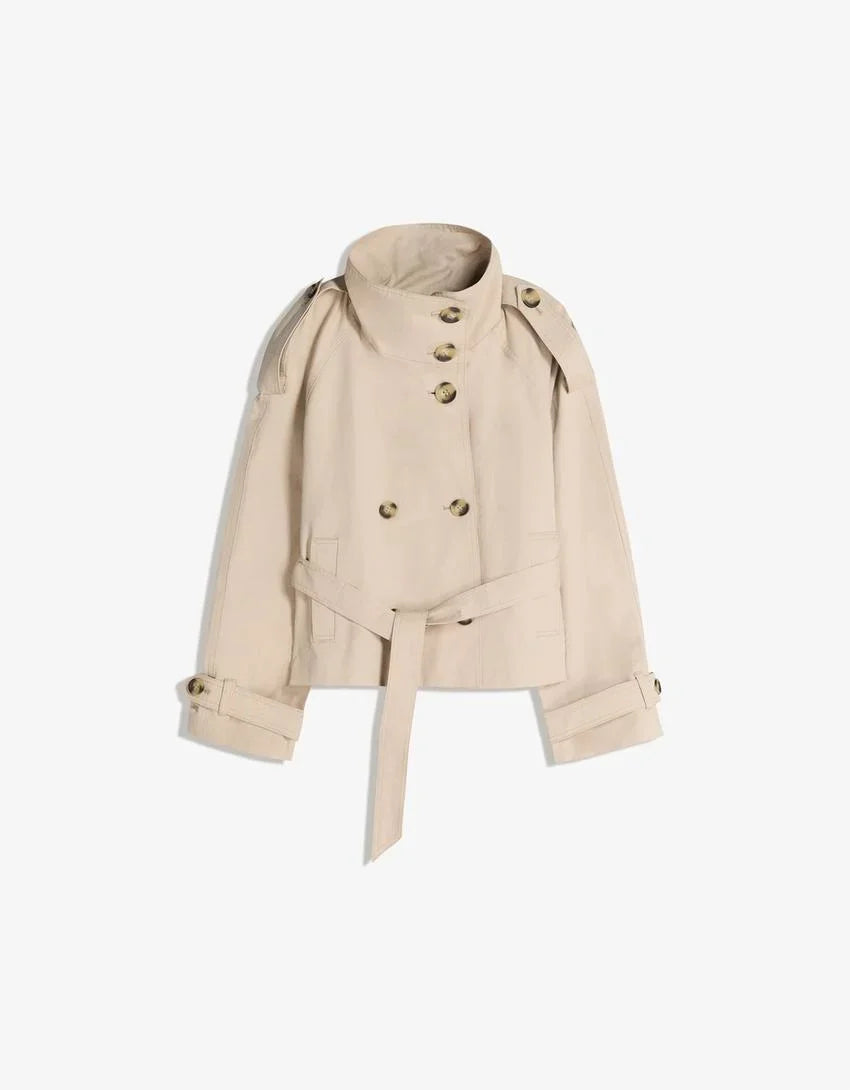 Women's belted double-breasted trench coat with high collar and long sleeves