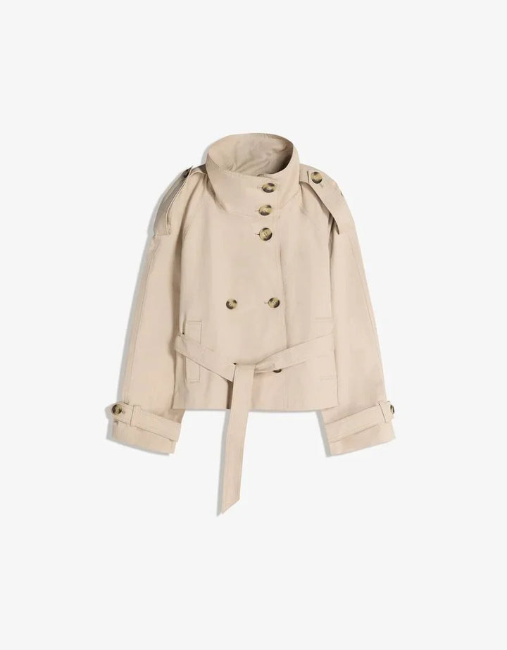 Women's belted double-breasted trench coat with high collar and long sleeves