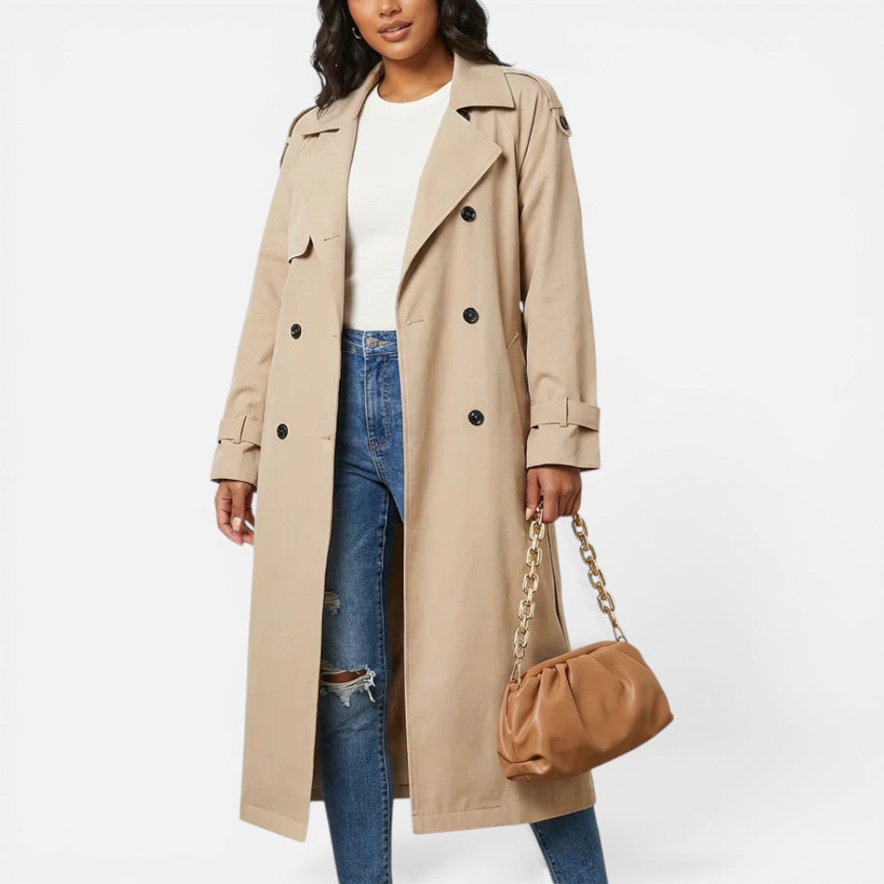 Women's long double-breasted trench coat with lapel collar and button fastening