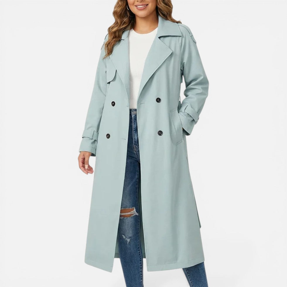 Women's long double-breasted trench coat with lapel collar and button fastening